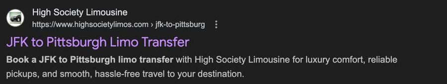 Search result showing position one for a long-distance limo transfer route