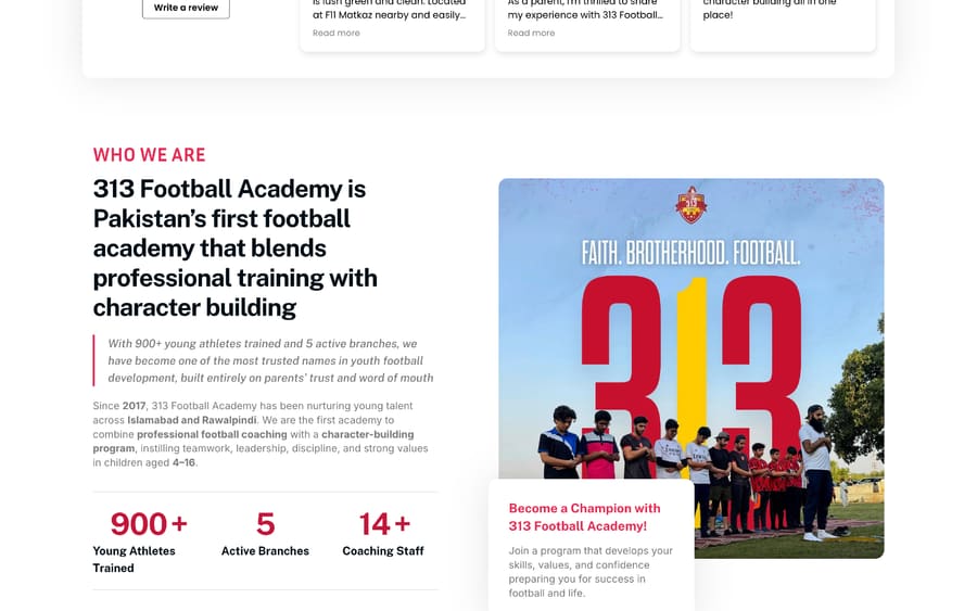 313 Football Academy website section