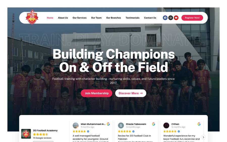 313 Football Academy website built by Digital Fawz