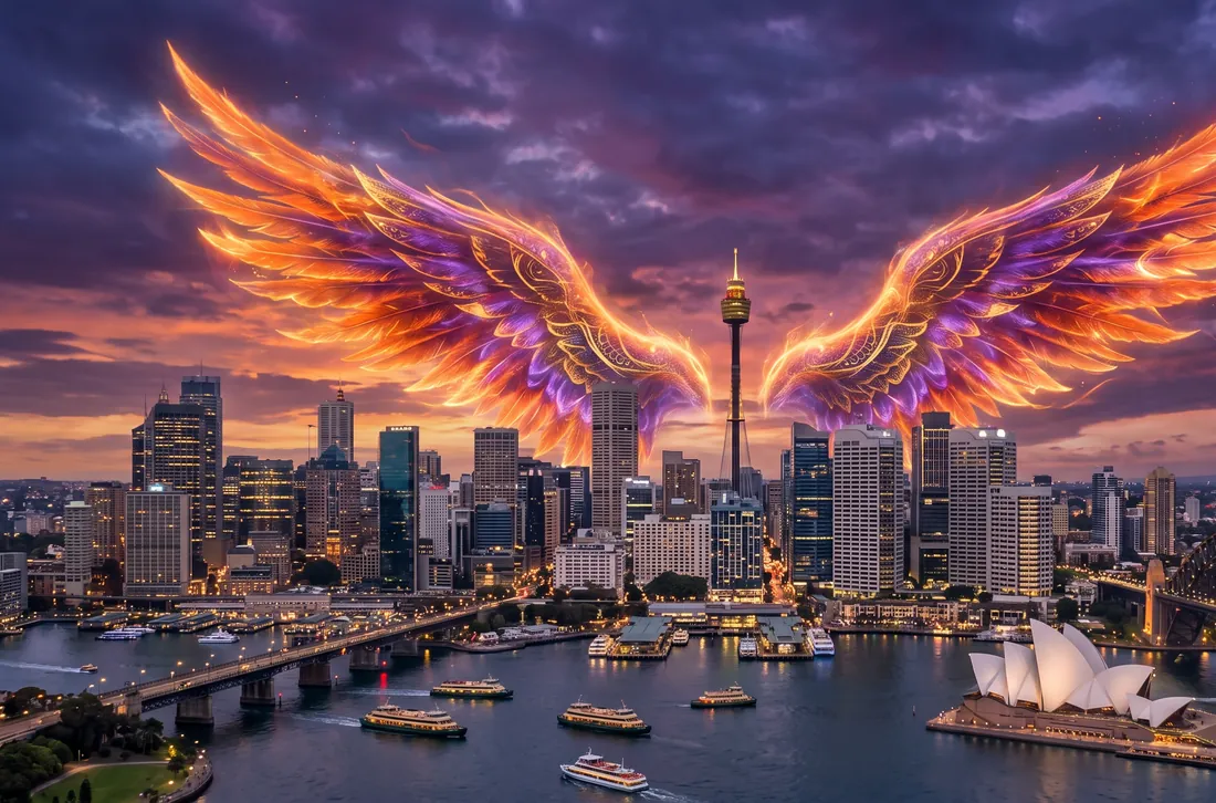 Sydney harbour with the Digital Fawz wing motif