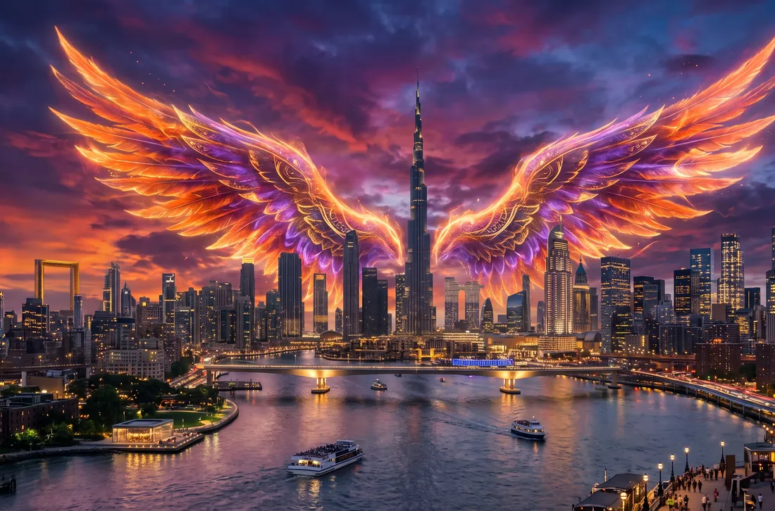 Dubai skyline with the Digital Fawz wing motif
