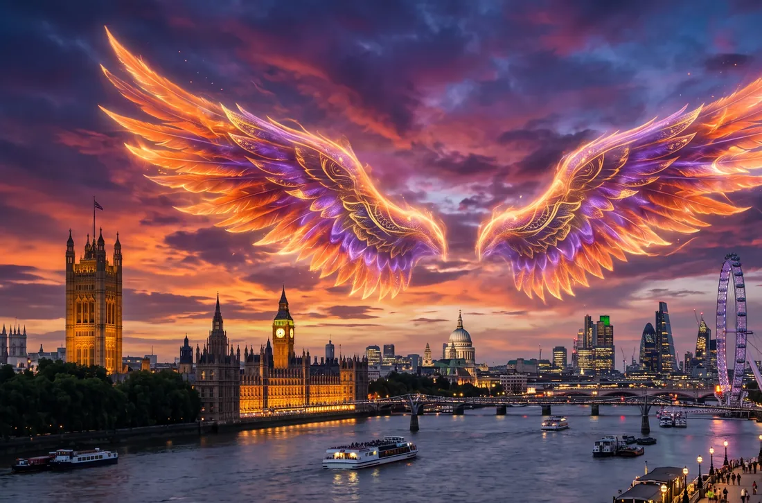 London skyline with the Digital Fawz wing motif
